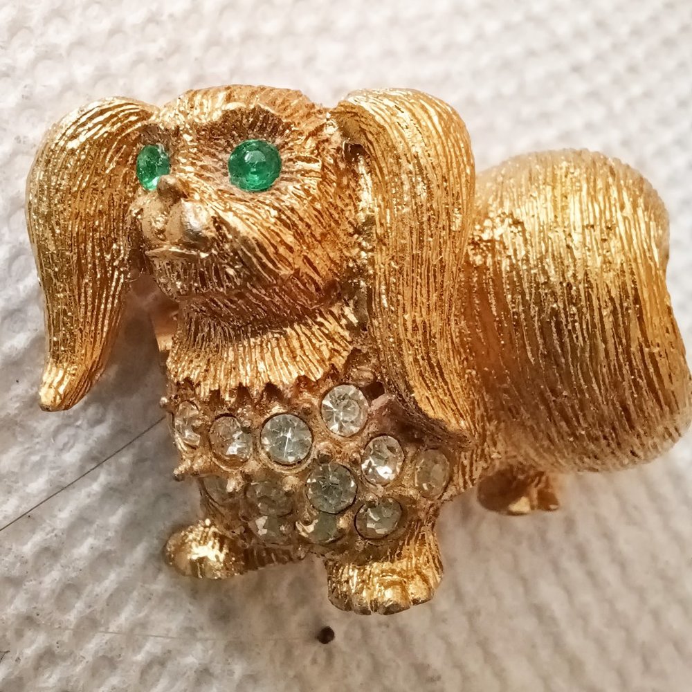 Mid Century POMERANIAN BROOCH PIN w RHINESTONES